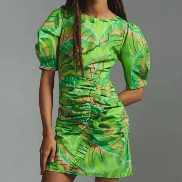 Farm Rio Anthropologie Lime Green Puff Sleeve Mini Dress Tropical NWT Size S - Picture 3 of 10